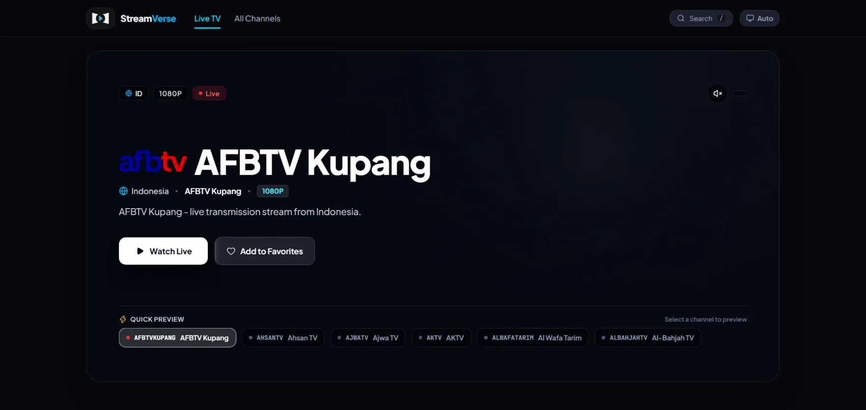 StreamVerse live TV streaming interface